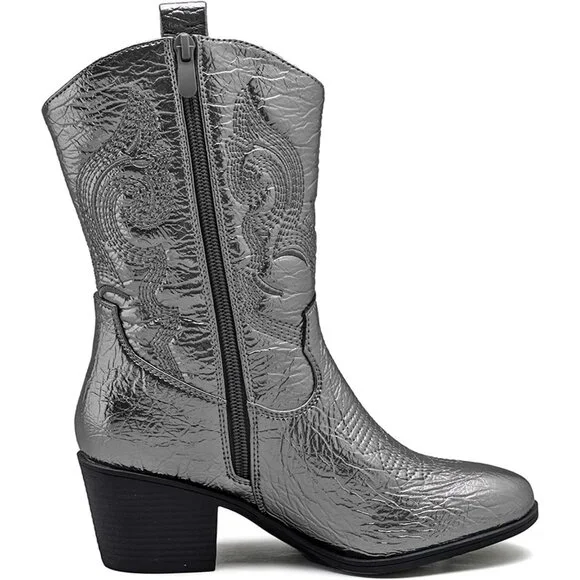GLOBALWIN Cowgirl Boots Women's Silver Faux Leather Mid Calf Chunky Low Heel